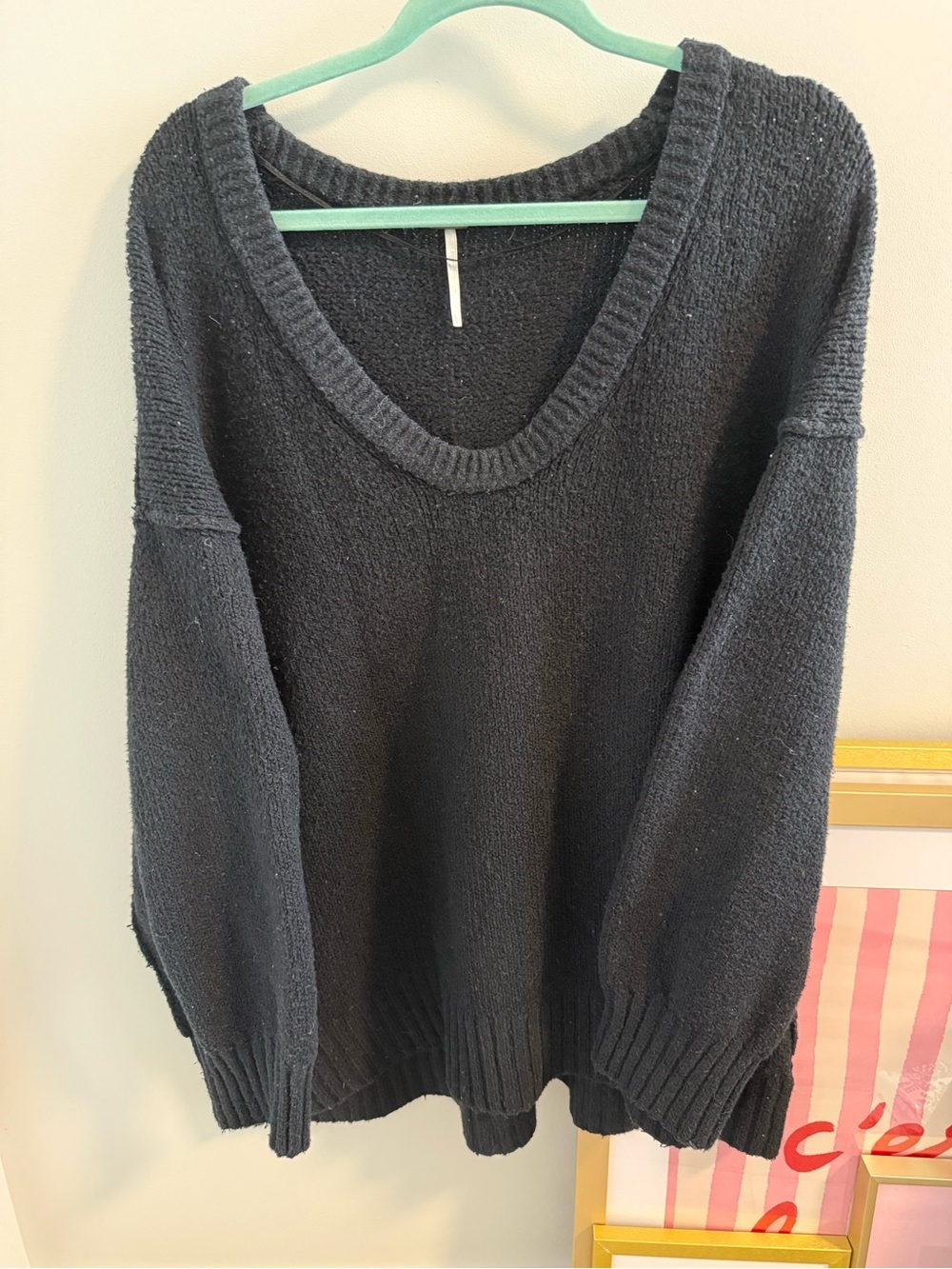 Free People Black V-Neck Oversized Knit Sweater